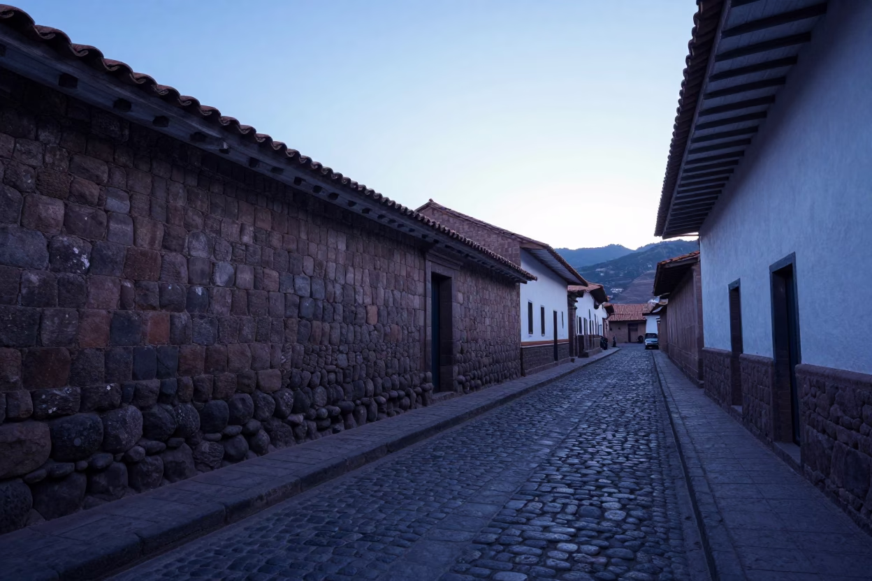 Pre-dawn Cusco street scene with stone walls and morning mist in in Cusco, Peru
