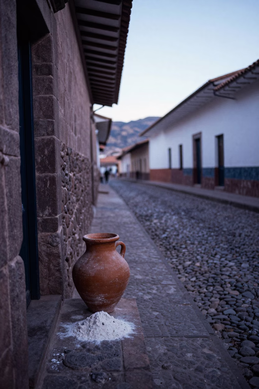 Pre-dawn Cusco street scene with terracotta pot and flour dust on dark stone in in Cusco, Peru