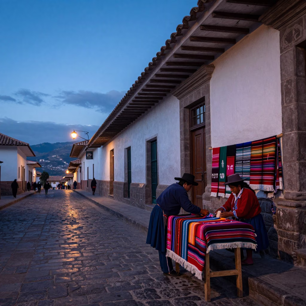 Pre-Dawn Cusco Street Scene with Traditional Textiles and Stone Architecture in in Cusco, Peru