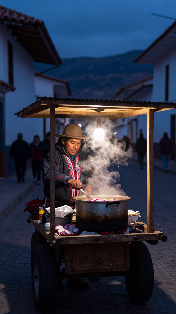 Pre-dawn Cusco street scene with vendor preparing traditional Andean breakfast in in Cusco, Peru
