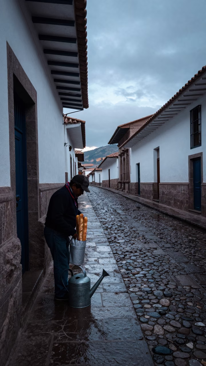 Pre-Dawn Cusco Street Scene with Watering Can and Baguettes in in Cusco, Peru
