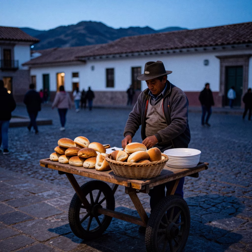 Pre-dawn Cusco street vendor preparing traditional bread on cobblestone plaza in in Cusco, Peru