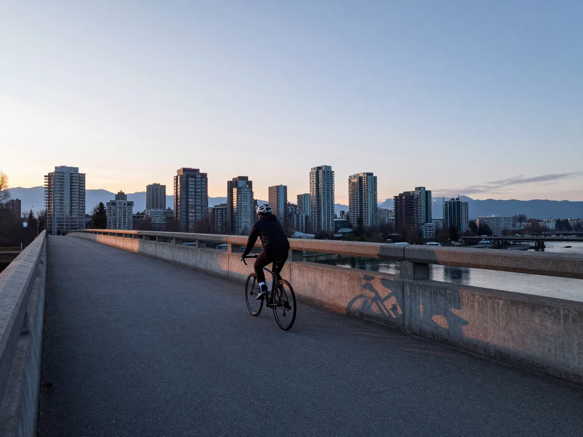 Pre-Dawn Cyclist in Vancouver at Sunrise Light in in Vancouver, British Columbia, Canada