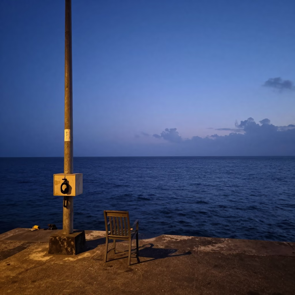 Pre-dawn Dakar Senegal Harbor with Latch and Chair in Stillness in in Dakar, Senegal