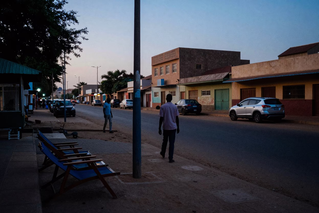 Pre-dawn Dakar street scene with deck chairs and early morning activity in Senegal in in Dakar, Senegal