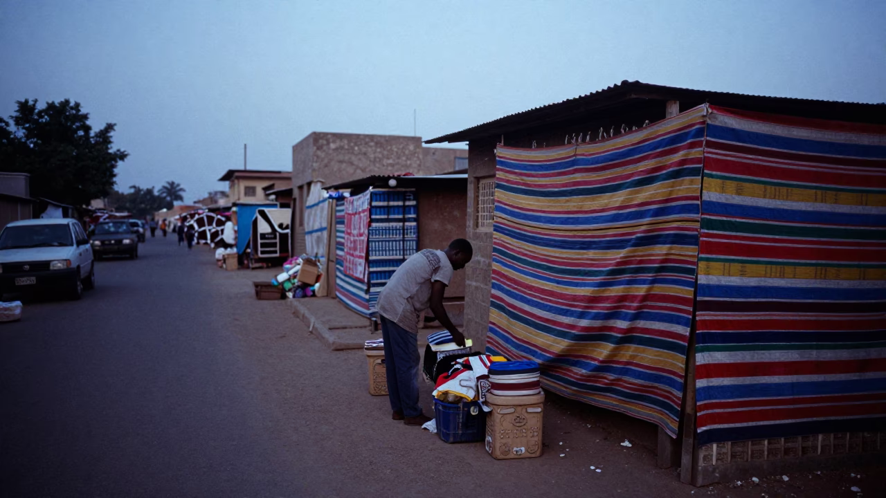Pre-dawn Dakar street scene with striped fabric and storage tin in in Dakar, Senegal