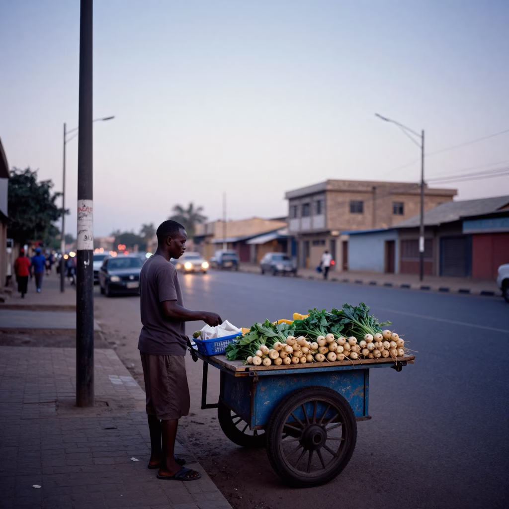 Pre-dawn Dakar street scene with vendor cart and early morning light in in Dakar, Senegal