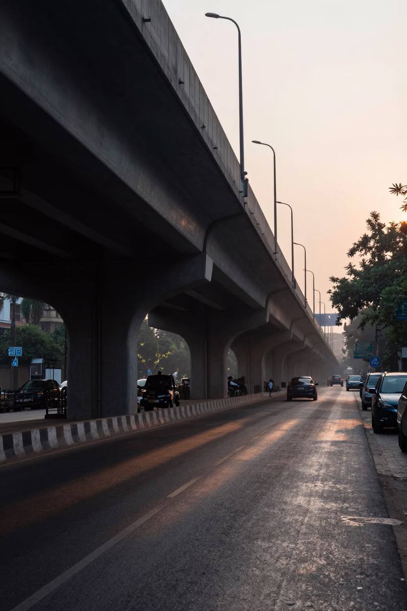 Pre-Dawn Delhi Street Scene Under Flyover With Lantern Glow And Potted Geraniums in in Delhi, India