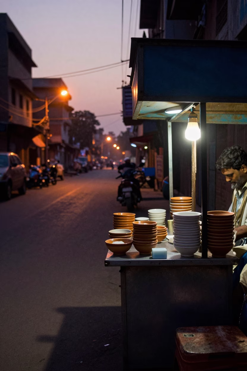 Pre-dawn Delhi street scene with ceramic bowl and soap residue on latch in in Delhi, India