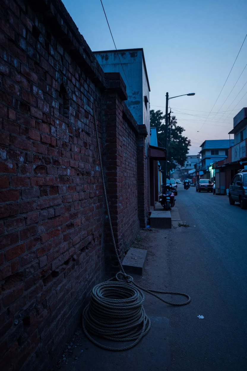 Pre-dawn Delhi street scene with coiled rope and rustic urban textures in in Delhi, India