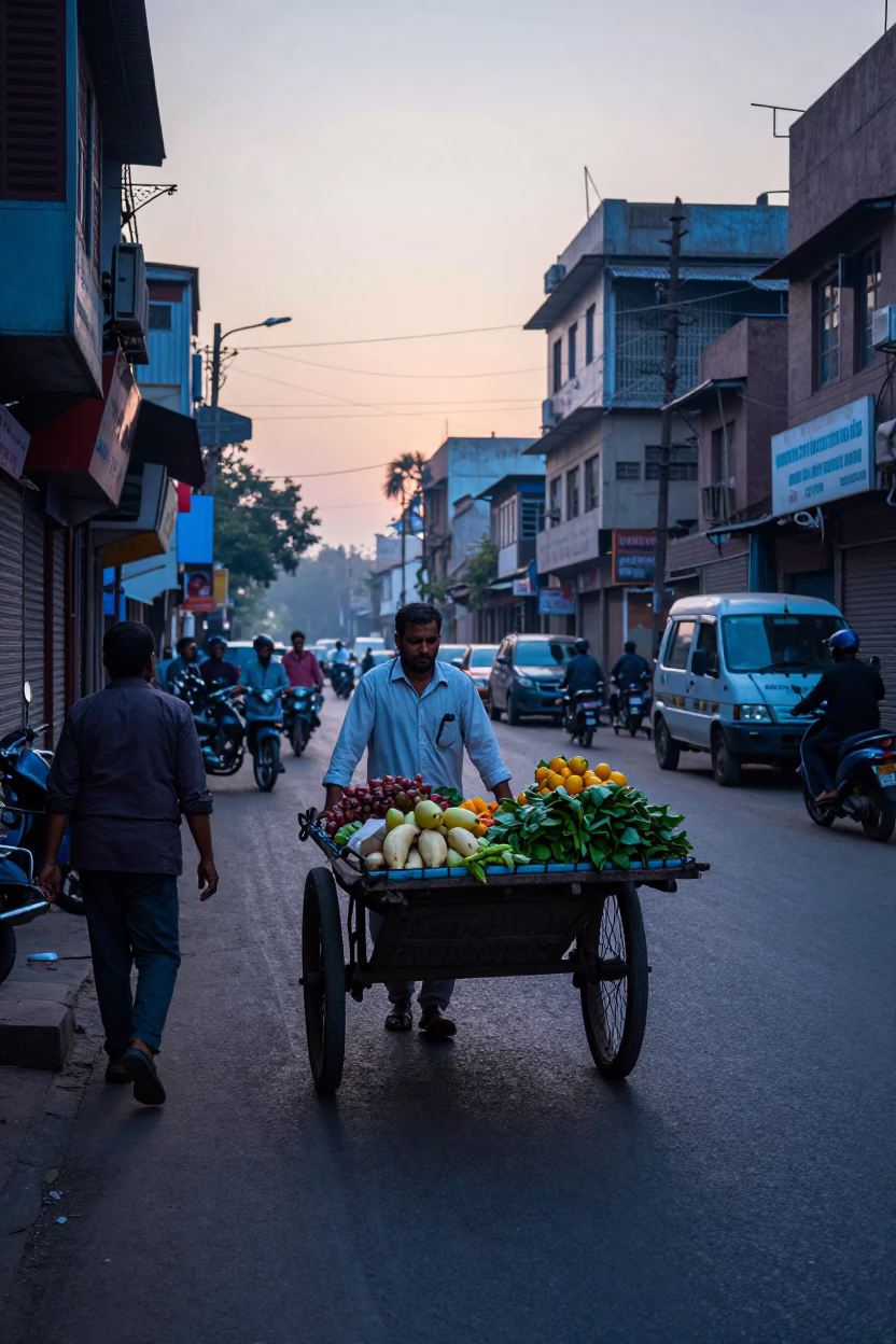 Pre-Dawn Delhi Street Scene with Vintage Cart and Local Morning Rituals in in Delhi, India