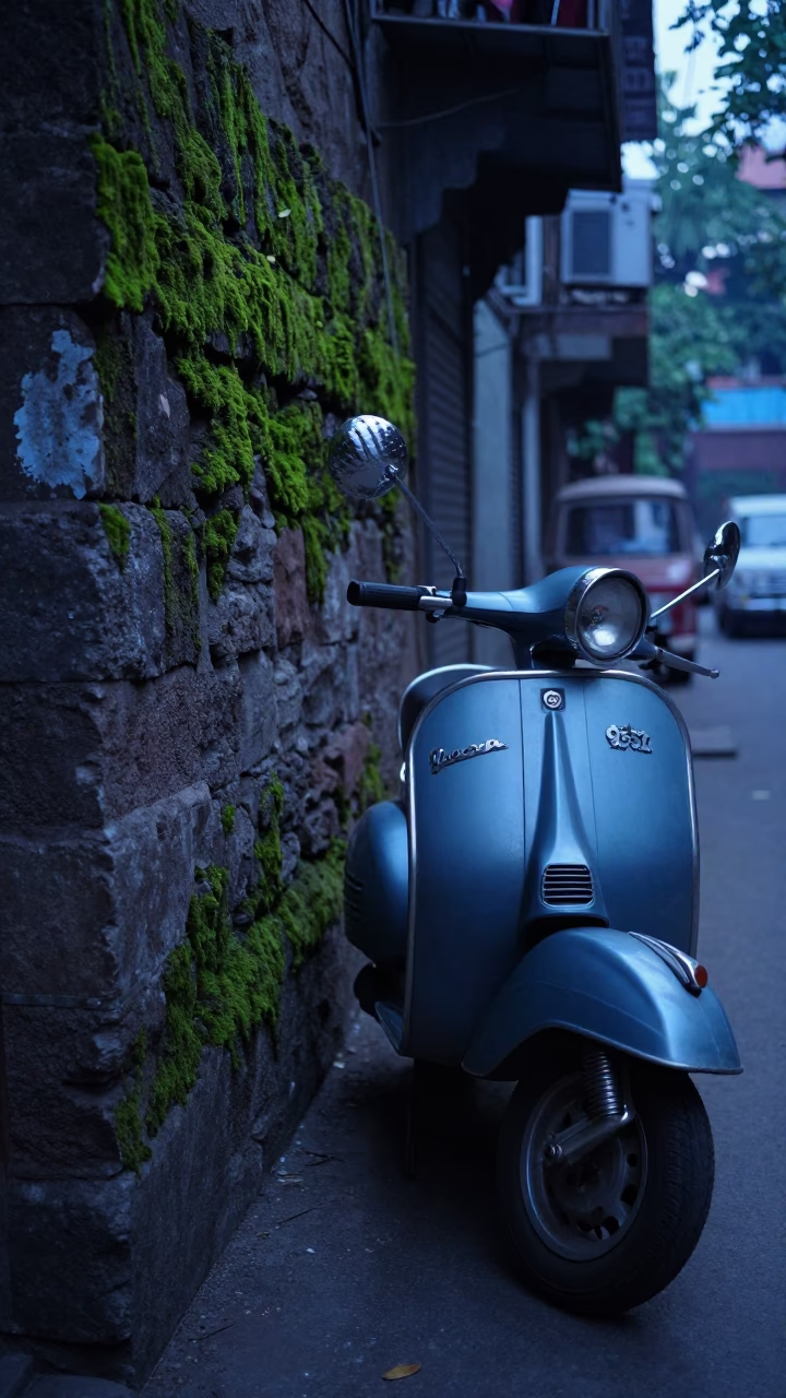 Pre-Dawn Delhi Street Scene with Vintage Vespa and Mossy Stone Wall in in Delhi, India