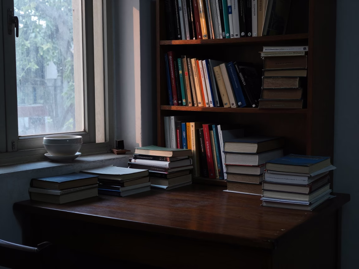 Pre-Dawn Delhi University Library Study Desk with Books and Natural Light in in Delhi, India