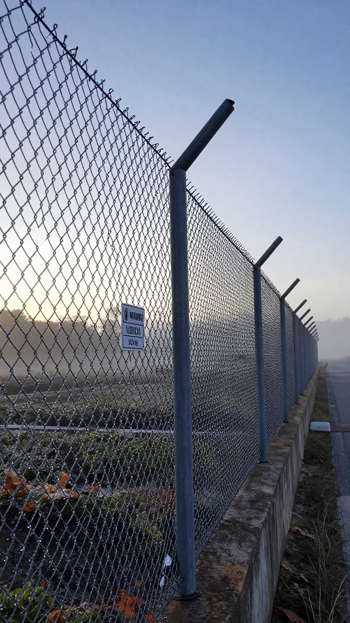 Pre-Dawn Dew and Warning Signs on Valencia Substation Fence Before Sunrise in in Valencia, Spain