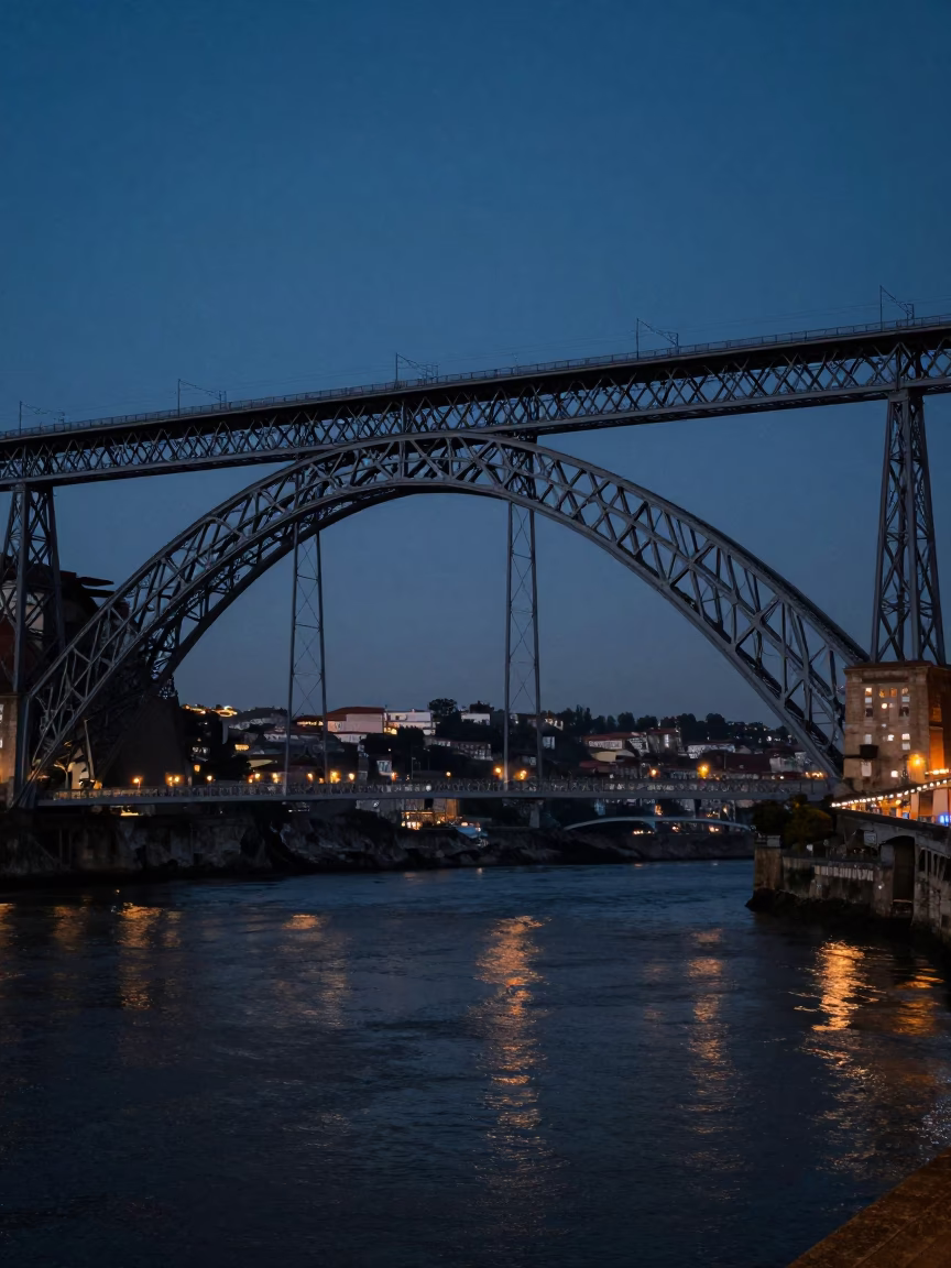Pre-dawn Douro River Bridge Pier Splitting Brown Current in Porto Portugal in in Porto, Portugal
