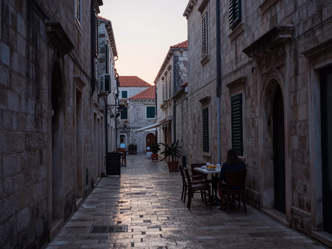 Pre-Dawn Dubrovnik Alleyway with Local Breakfast Bowl and Morning Light in in Dubrovnik, Croatia