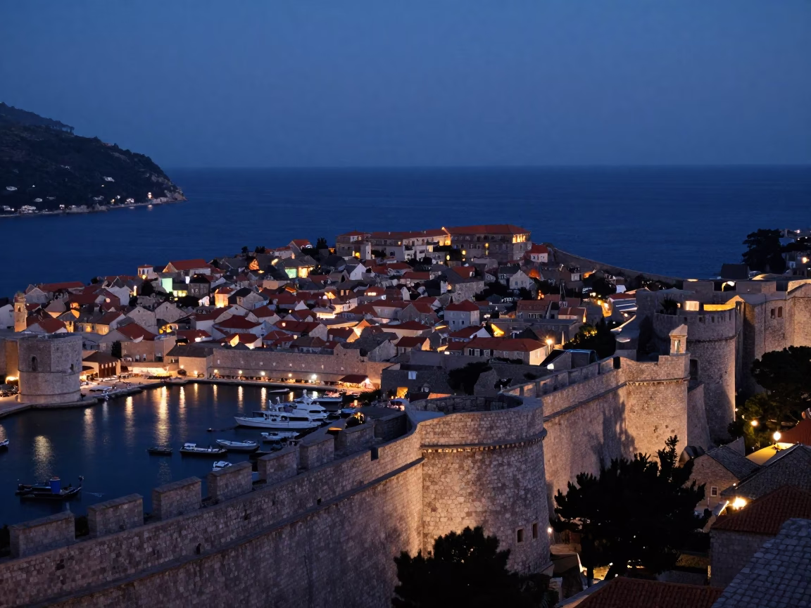 Pre-dawn Dubrovnik Cityscape with Ancient Stone Walls and Adriatic Sea View in in Dubrovnik, Croatia