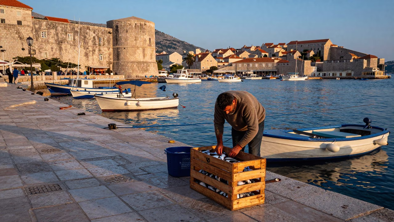 Pre-dawn Dubrovnik fishing dock scene with local catch and morning light in in Dubrovnik, Croatia