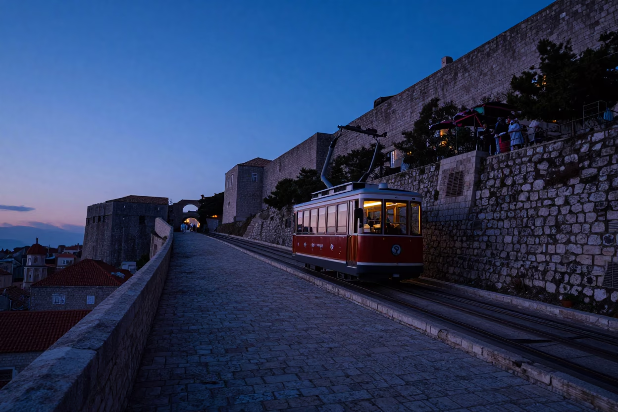 Pre-dawn Dubrovnik Funicular Climbing Historic Hillside in Early Morning Light in in Dubrovnik, Croatia