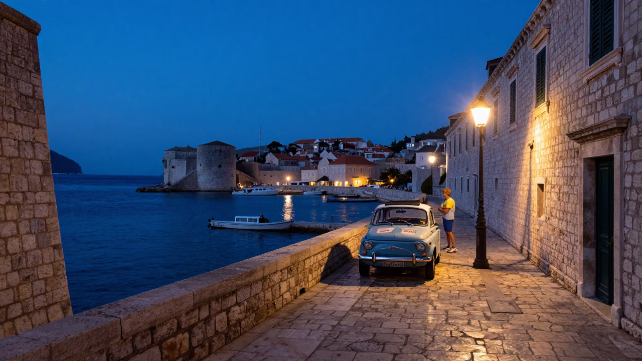 Pre-dawn Dubrovnik Harbor Scene with Vintage Car and Local Activity in in Dubrovnik, Croatia