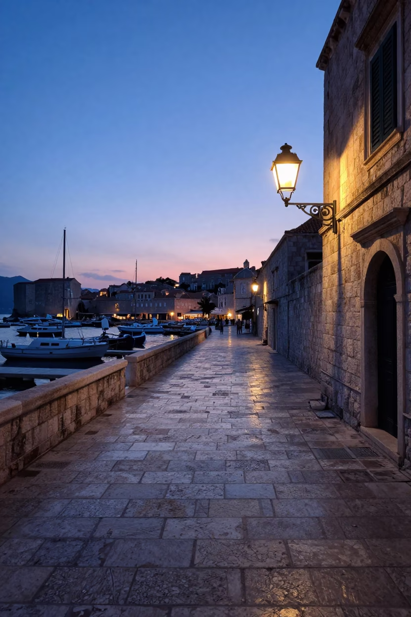 Pre-dawn Dubrovnik Harbor Street with Vintage Oil Lamp and Stone Architecture in in Dubrovnik, Croatia
