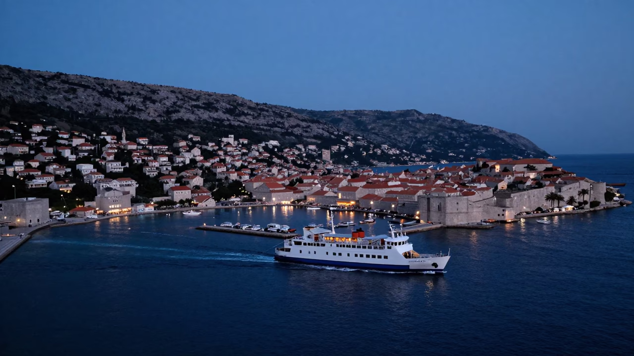 Pre-Dawn Dubrovnik Harbor View with Ferry Departure and City Lights in in Dubrovnik, Croatia
