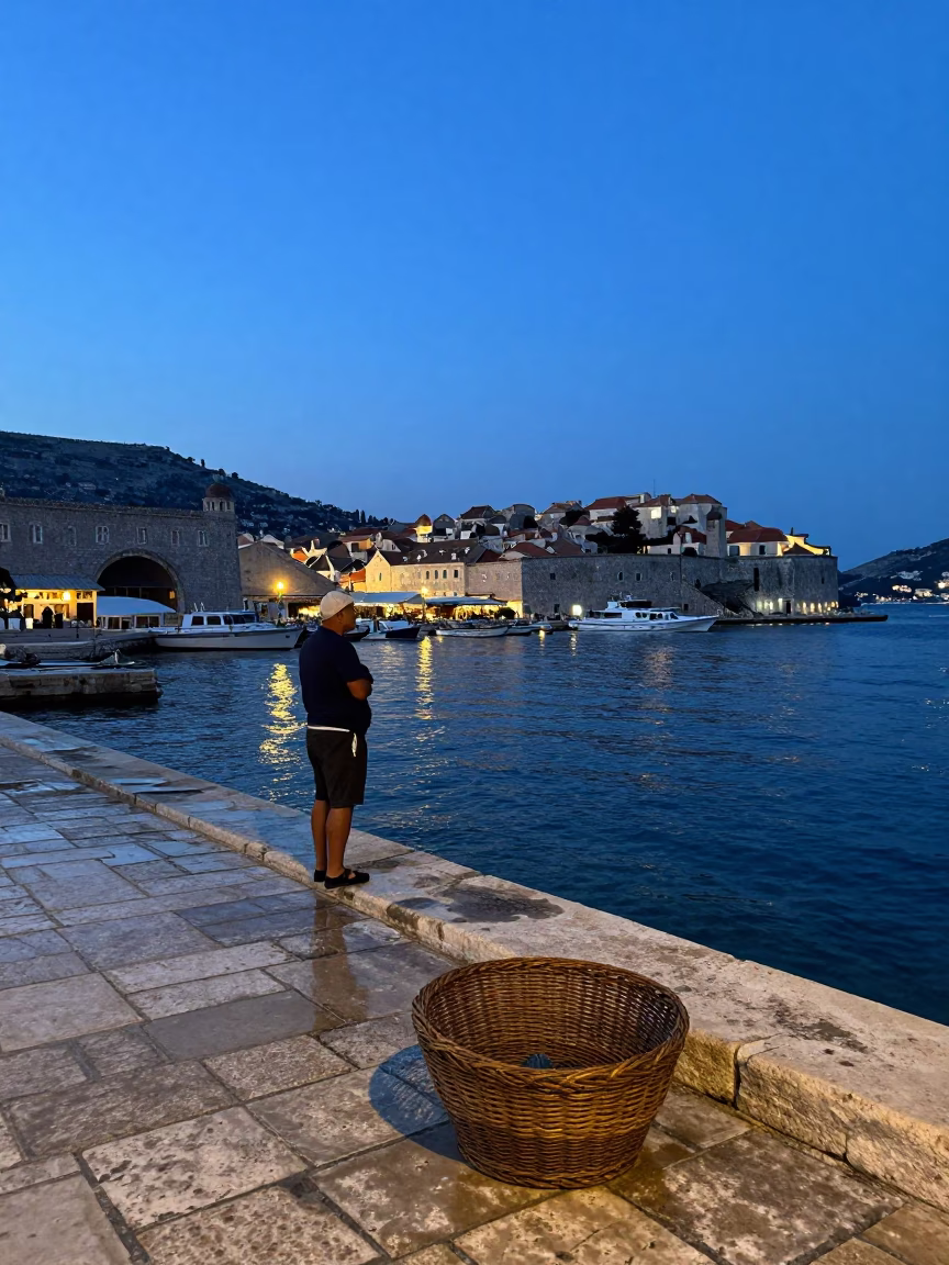 Pre-Dawn Dubrovnik Harbor View with Mending Basket and Old Stone Walls in in Dubrovnik, Croatia