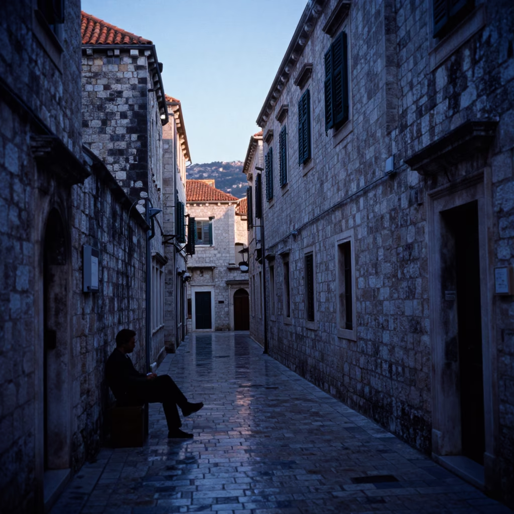 Pre-dawn Dubrovnik Old Town Stone Alleyway with Fisherman and Wooden Boat at Sunrise in in Dubrovnik, Croatia