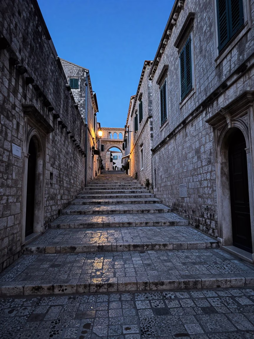 Pre-dawn Dubrovnik Old Town stone steps with pebbles and historic architecture in in Dubrovnik, Croatia