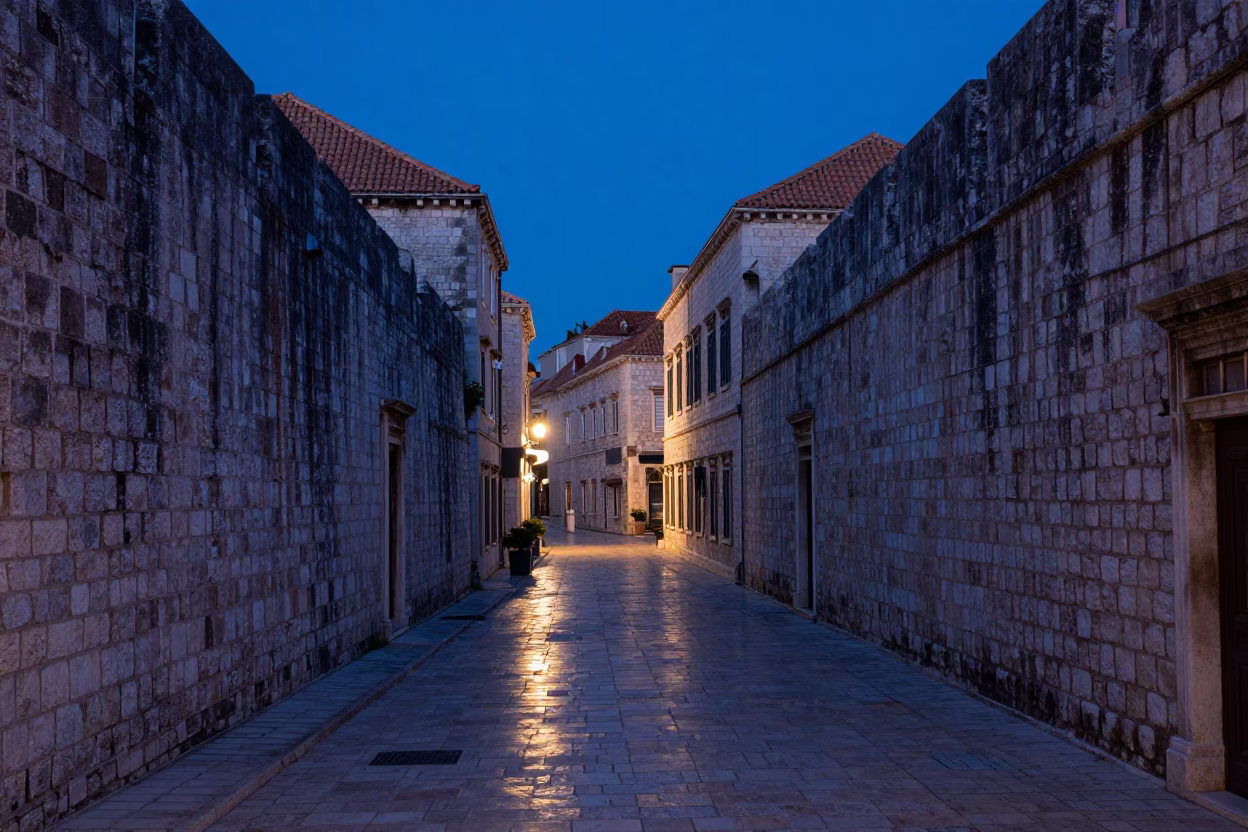 Pre-dawn Dubrovnik Old Town stone streets and historic walls before sunrise in in Dubrovnik, Croatia