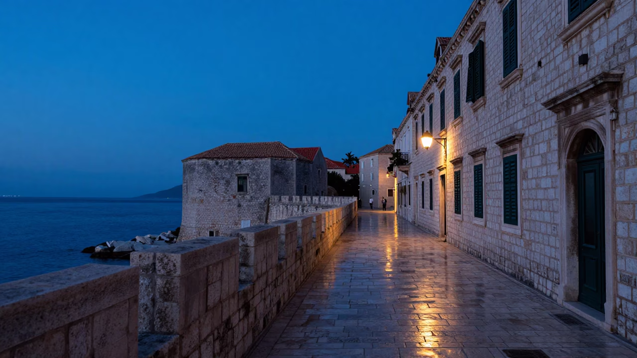 Pre-dawn Dubrovnik old town stone streets and sea walls before sunrise in in Dubrovnik, Croatia