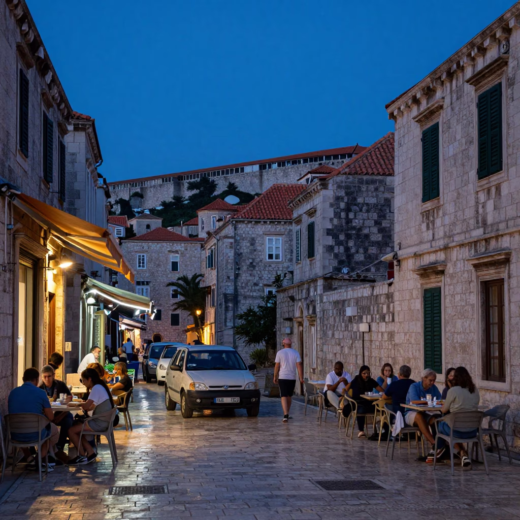 Pre-dawn Dubrovnik Old Town Street Scene with Local Breakfast Cart and Stone Walls in in Dubrovnik, Croatia