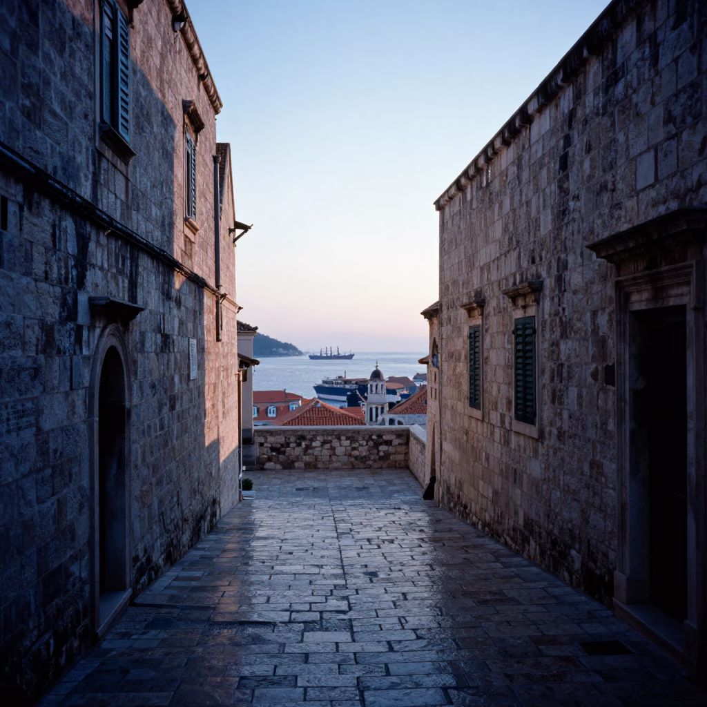 Pre-Dawn Dubrovnik Stone Alley with Cargo Ship Horizon and Coastal Morning Light in in Dubrovnik, Croatia
