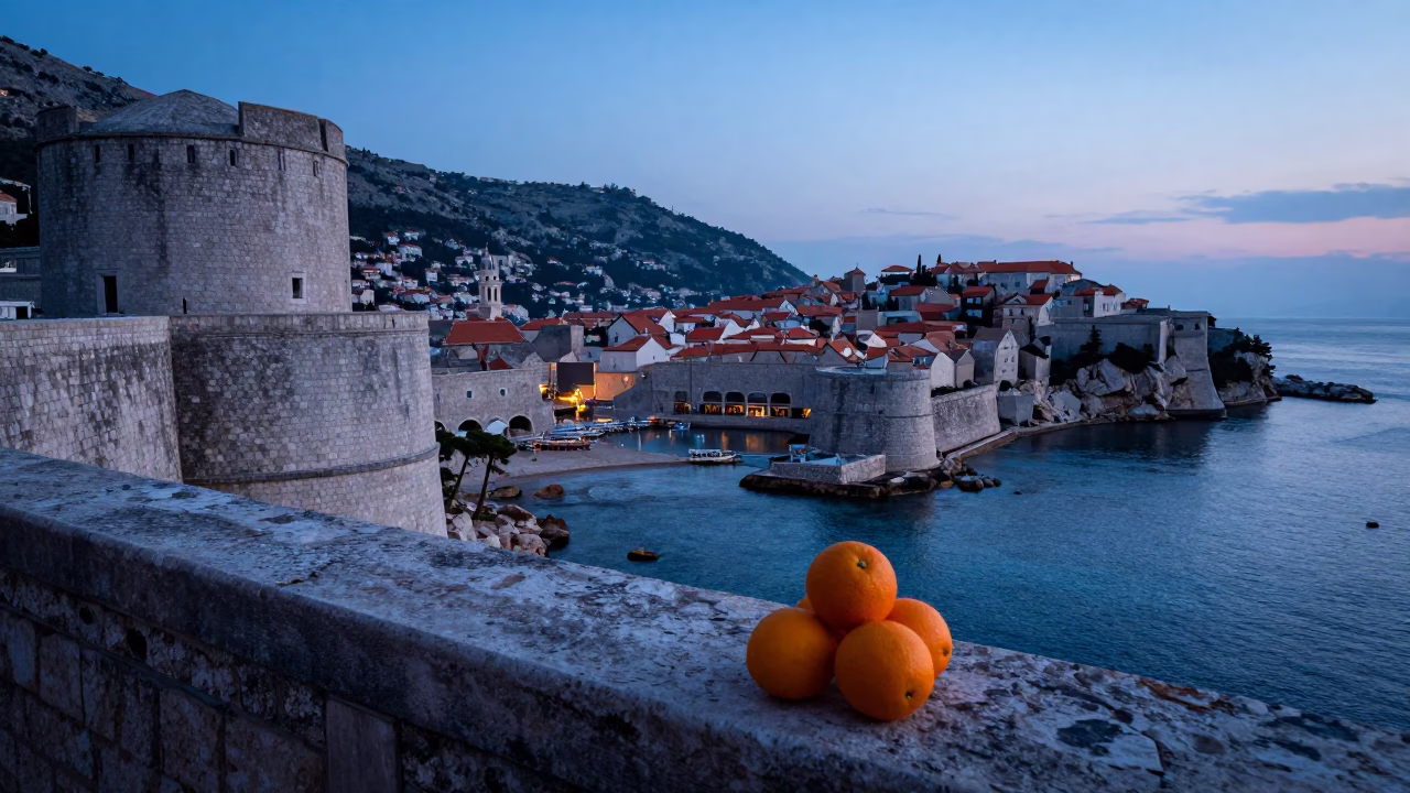 Pre-dawn Dubrovnik stone walls and harbor with oranges and sunflowers in in Dubrovnik, Croatia