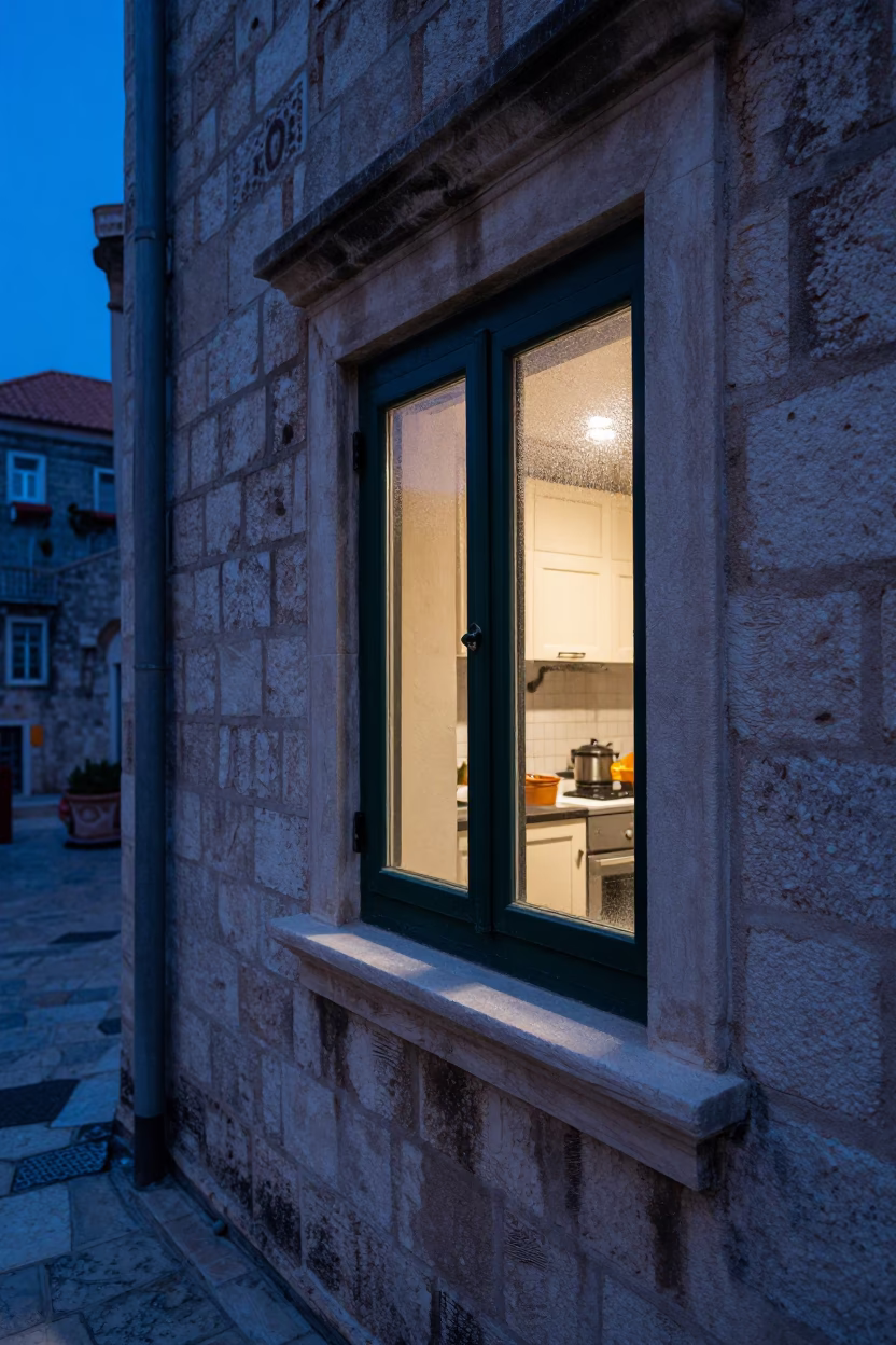 Pre-dawn Dubrovnik street scene with condensation on window sill and local morning routine in in Dubrovnik, Croatia