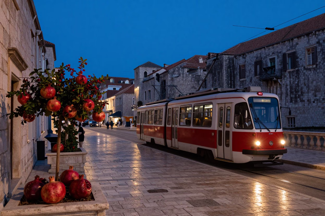 Pre-dawn Dubrovnik Street Scene with Pomegranate and Tramcar in in Dubrovnik, Croatia