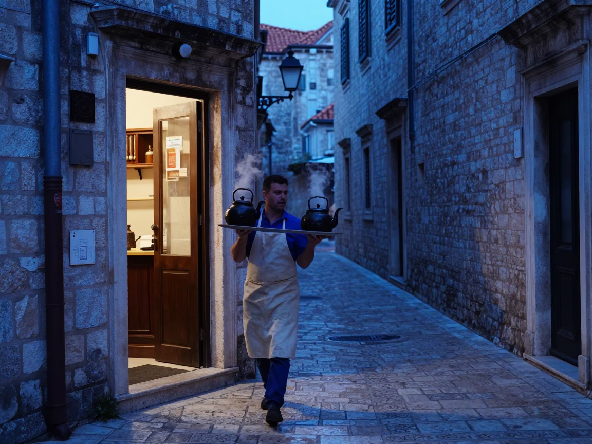 Pre-dawn Dubrovnik Street Scene with Tea Kettles and Stone Architecture in in Dubrovnik, Croatia