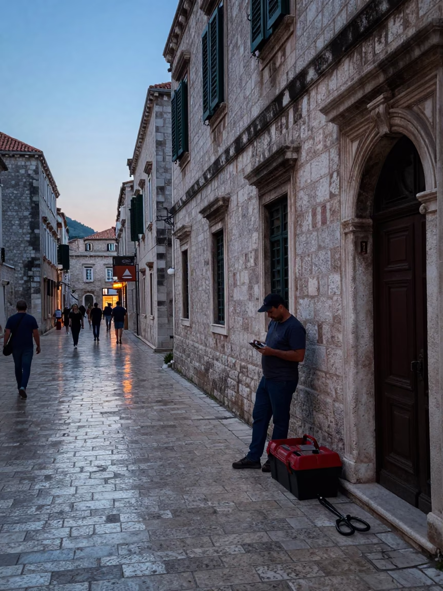 Pre-Dawn Dubrovnik Street Scene with Toolbox and Turnbuckle in in Dubrovnik, Croatia