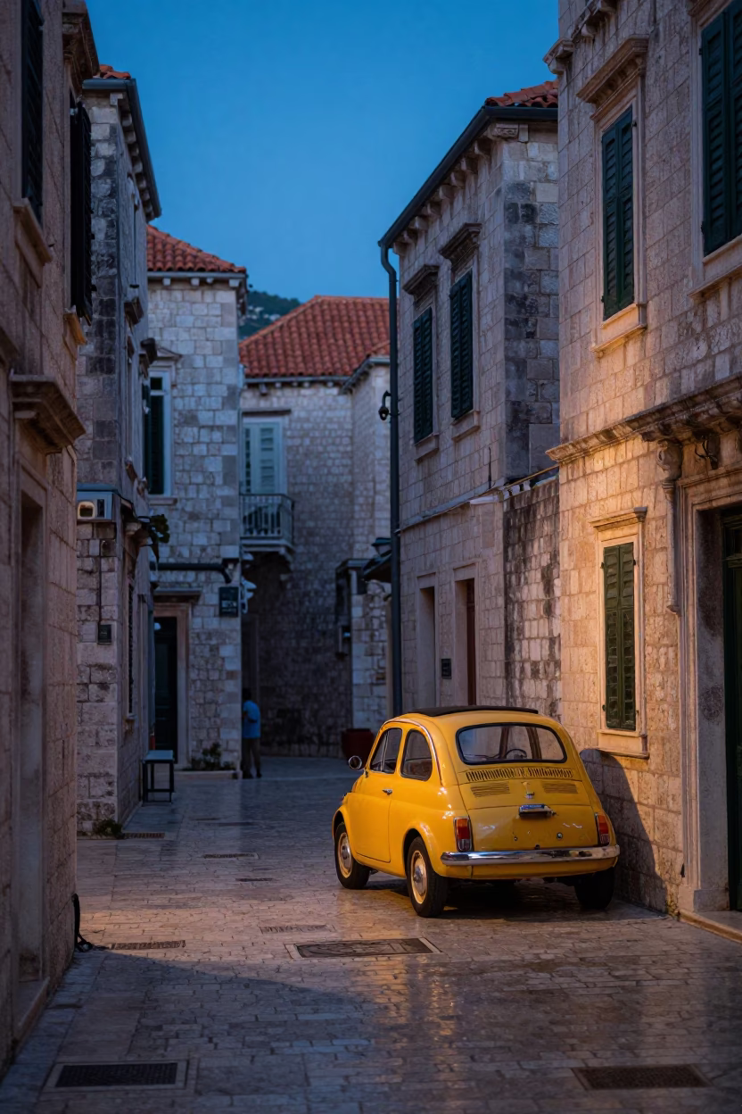 Pre-dawn Dubrovnik Streets with Vintage Car and Morning Light in in Dubrovnik, Croatia