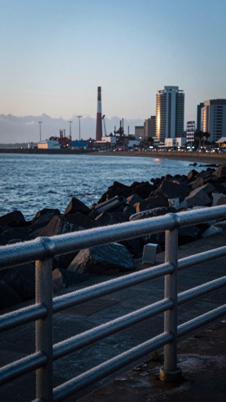 Pre-Dawn Durban Port Condensation on Metal Railings Near Indian Ocean Waters in in Durban, South Africa