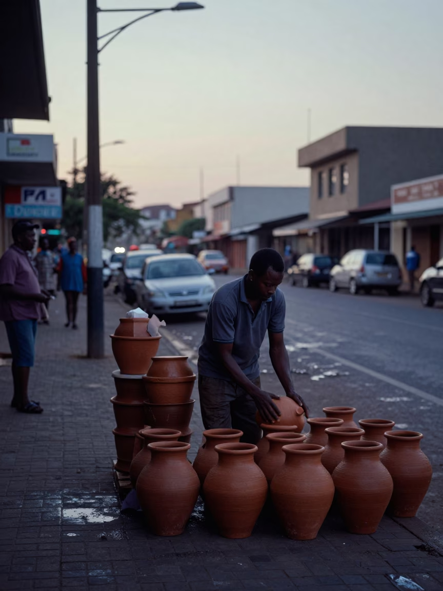 Pre-dawn Durban street scene with clay pot vendor and early morning light in in Durban, South Africa
