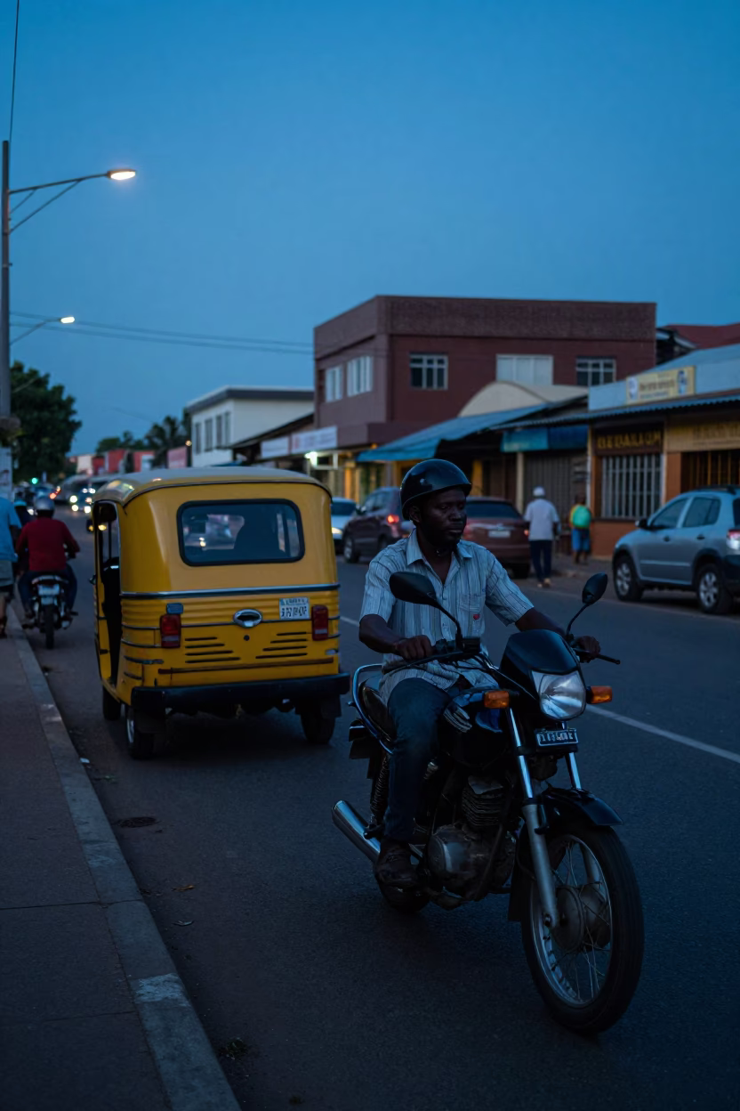 Pre-dawn Durban street scene with motorbike taxi and local market stalls in in Durban, South Africa
