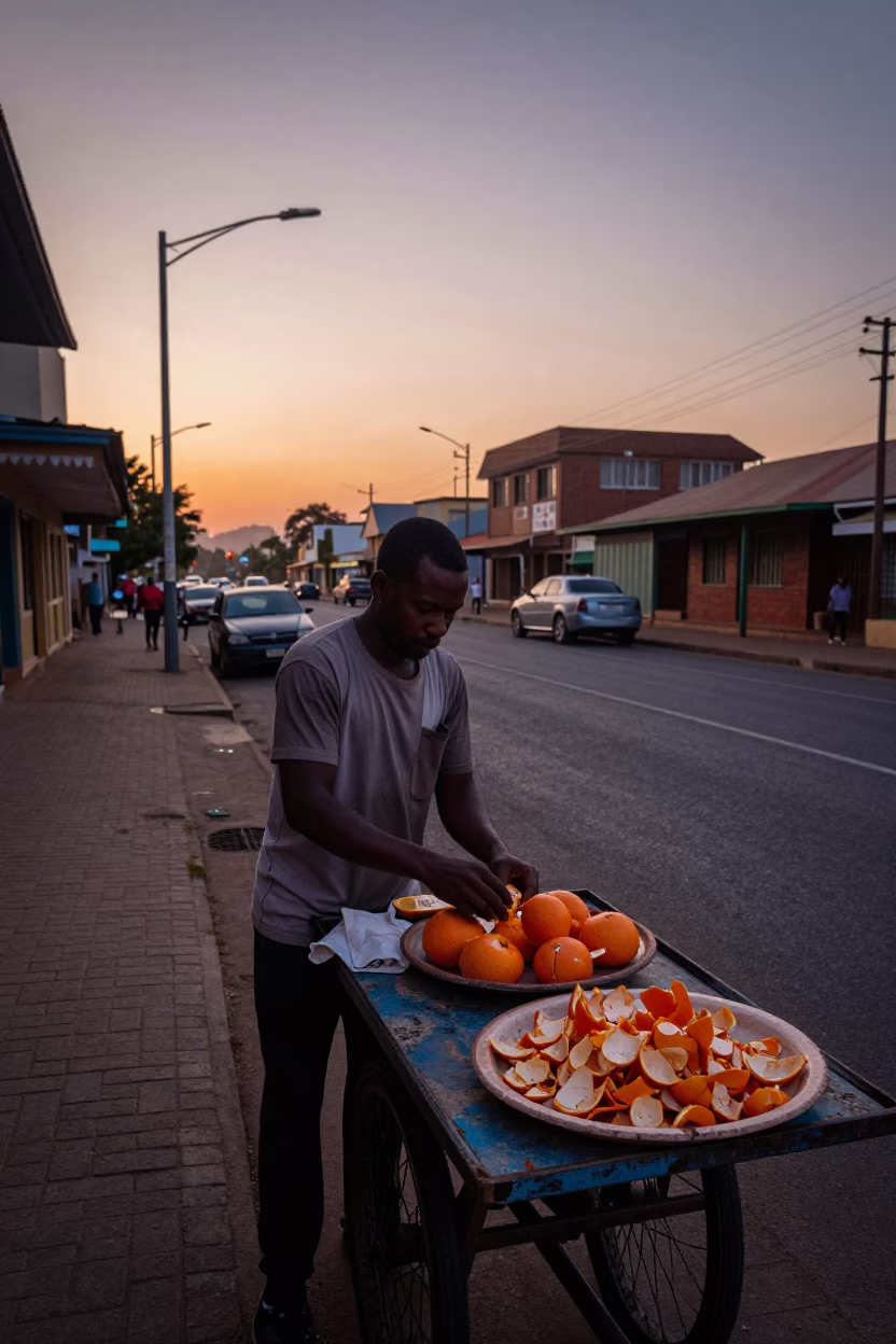 Pre-dawn Durban Street Scene with Orange Peel and Vintage Bar Stools in in Durban, South Africa