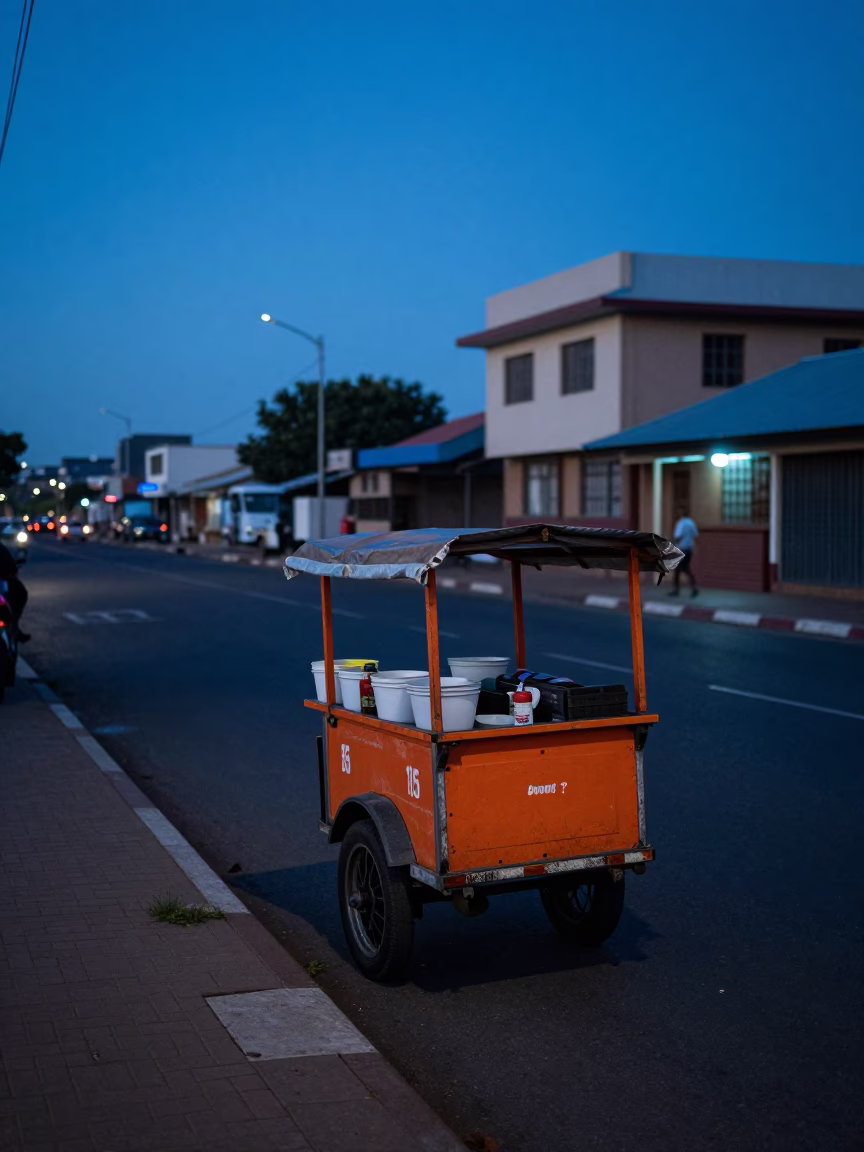 Pre-dawn Durban street scene with orange vendor cart and ceramic mugs in in Durban, South Africa