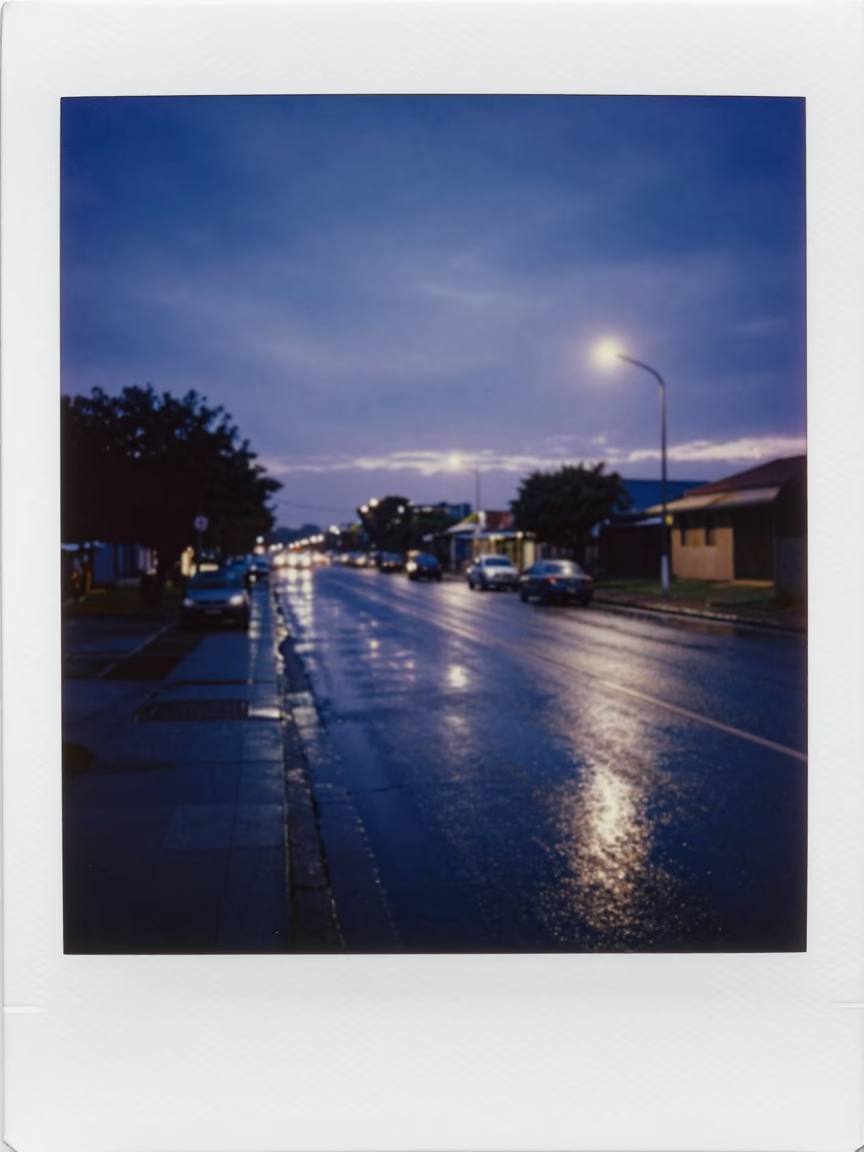 Pre-Dawn Durban Street Scene with Wet Asphalt Reflections and Coastal Ambience in in Durban, South Africa