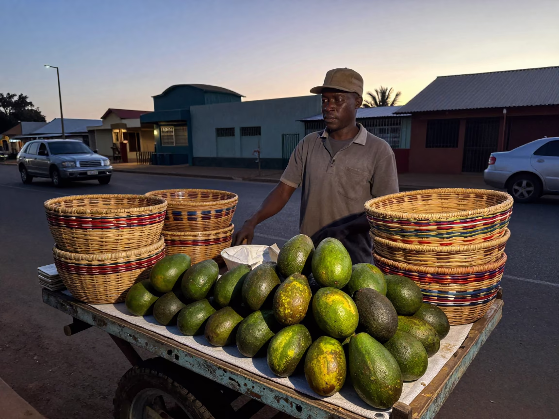 Pre-dawn Durban street vendor selling avocados and woven baskets near moonlit surf in in Durban, South Africa