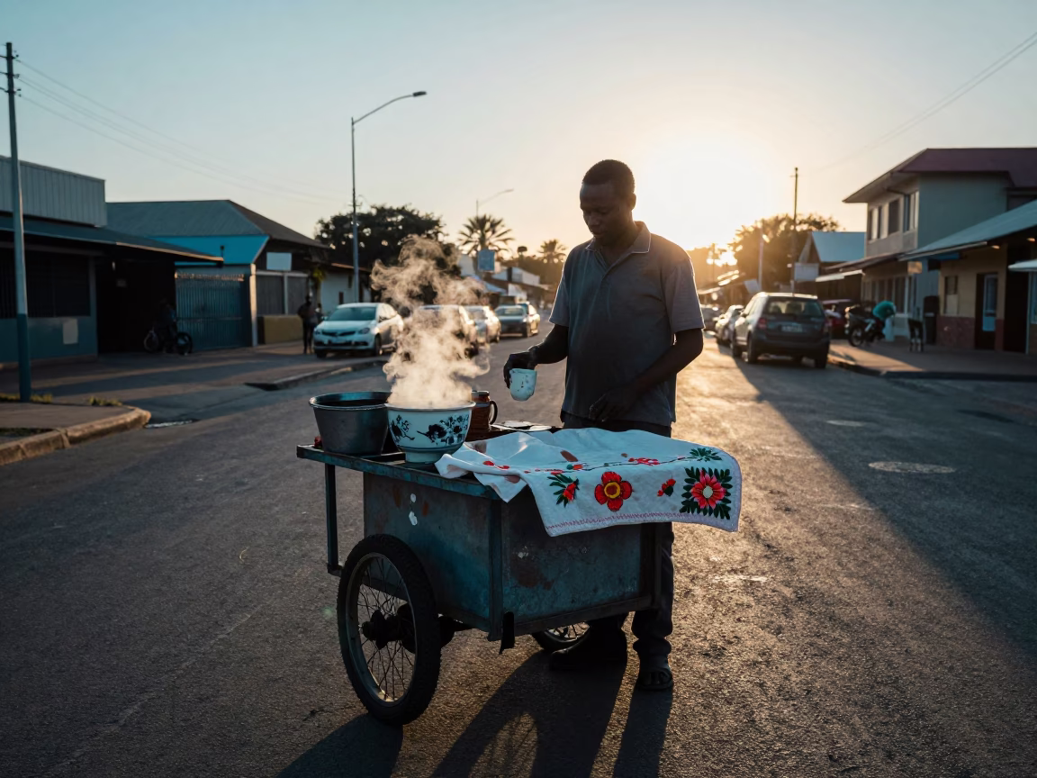 Pre-dawn Durban Street Vendor with Tea Stains and Embroidered Cloth in in Durban, South Africa