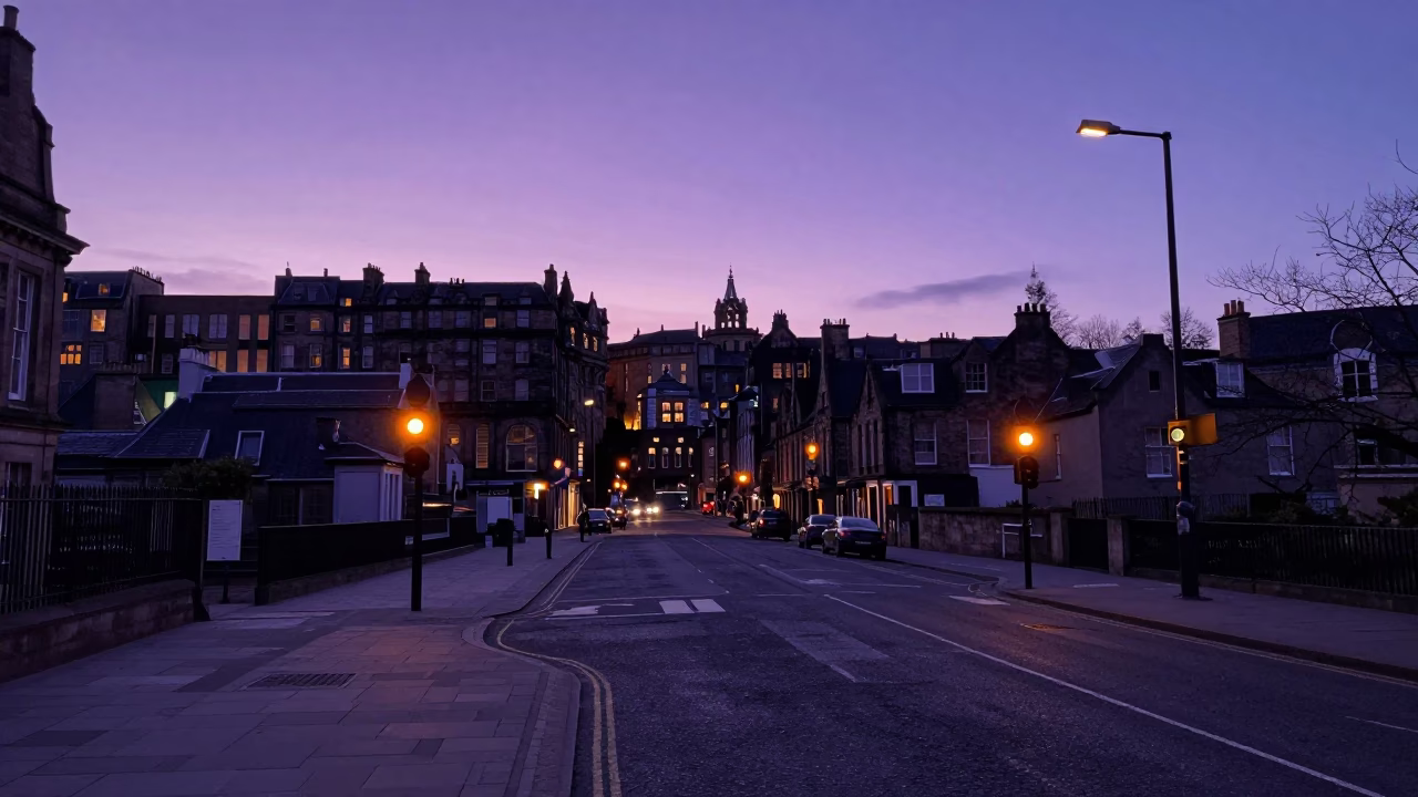 Pre-Dawn Edinburgh Street Scene with Amber Traffic Beacons and Wet Cobblestones in in Edinburgh, United Kingdom
