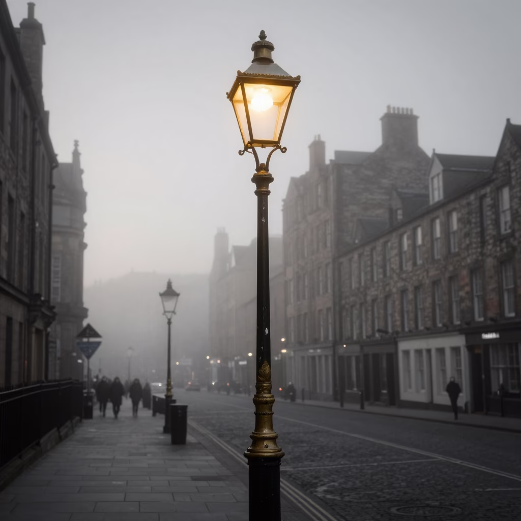 Pre-dawn Edinburgh street scene with fog and brass lamp post before dawn in in Edinburgh, United Kingdom