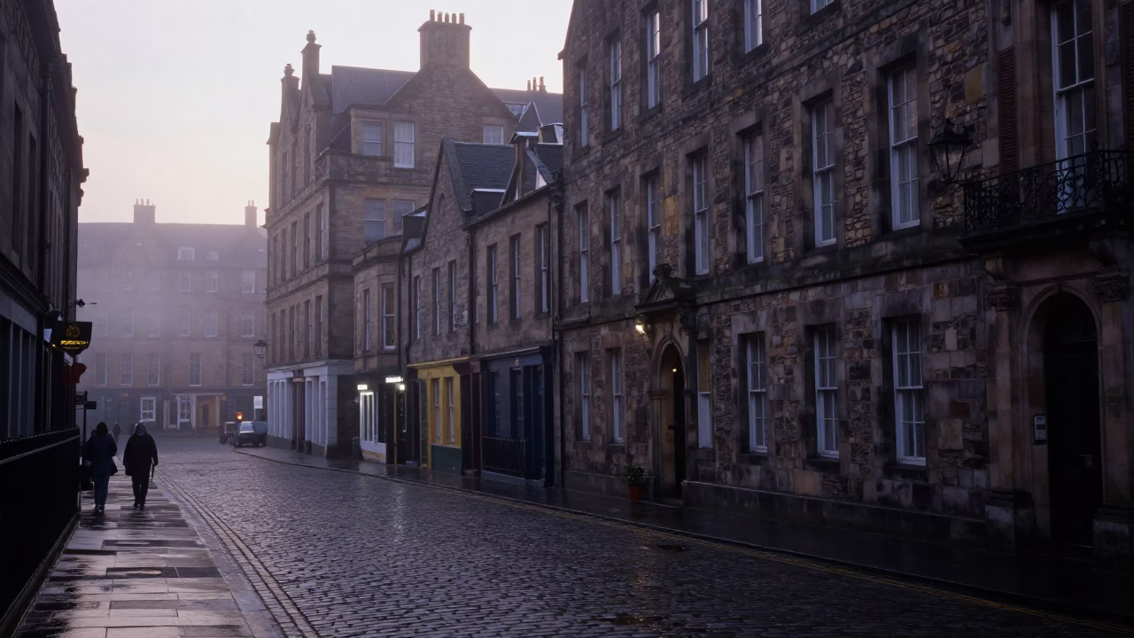 Pre-dawn Edinburgh street scene with misty cobblestones and historic sandstone architecture in in Edinburgh, United Kingdom